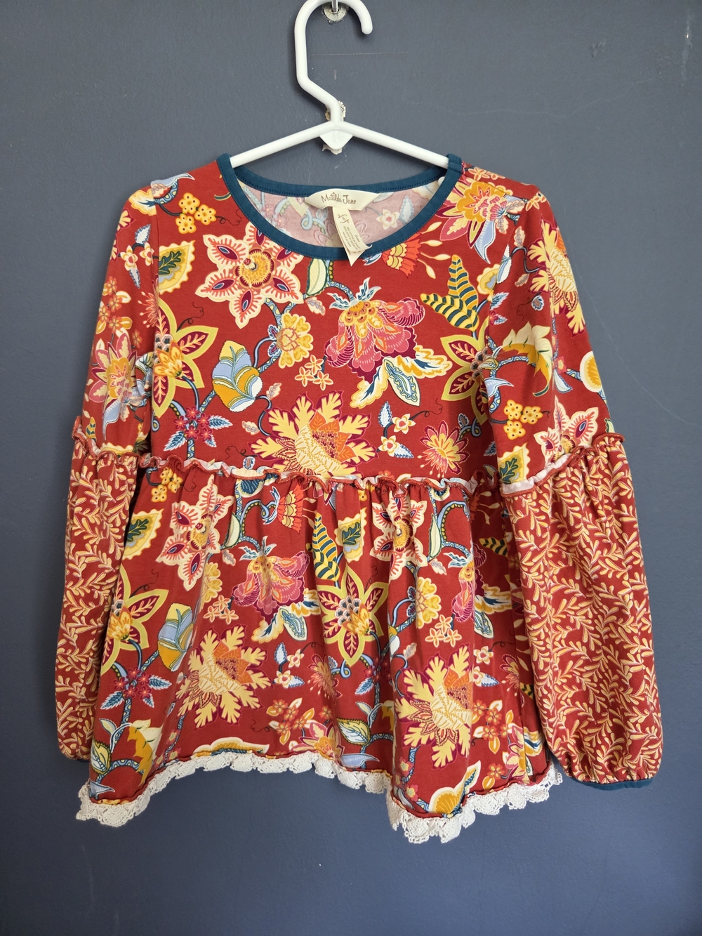 Matilda Jane Red Floral Peplum Top with Mixed-Print Sleeves